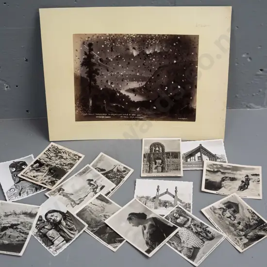 14 small souvenir photos with Maori and Northland subjects and a double sided card with 2 Burton Brothers photos, Mount