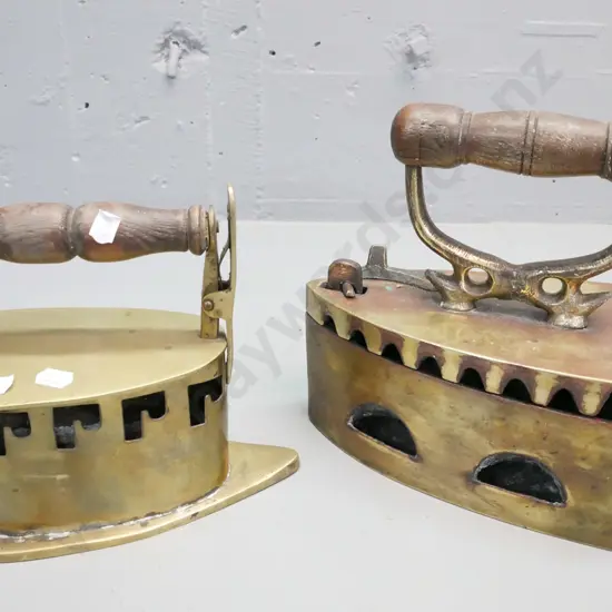 2x Chinese brass coal irons with turned wooden handles. 1. Kim Hiap Liong & Co H-220 W-210. 2. Unmarked