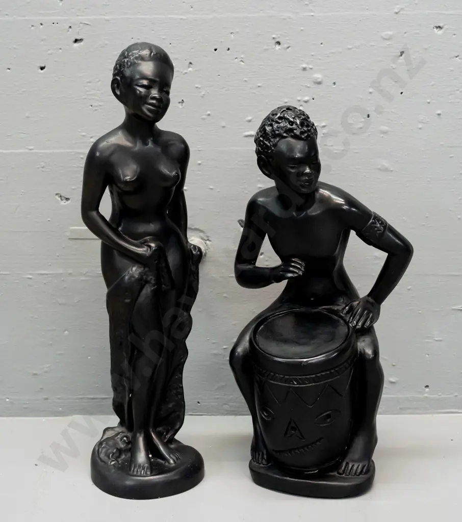 2 retro black painted plaster figures - bather H-400 and drummer - both w/ small chips and flecks to finish Image 1++