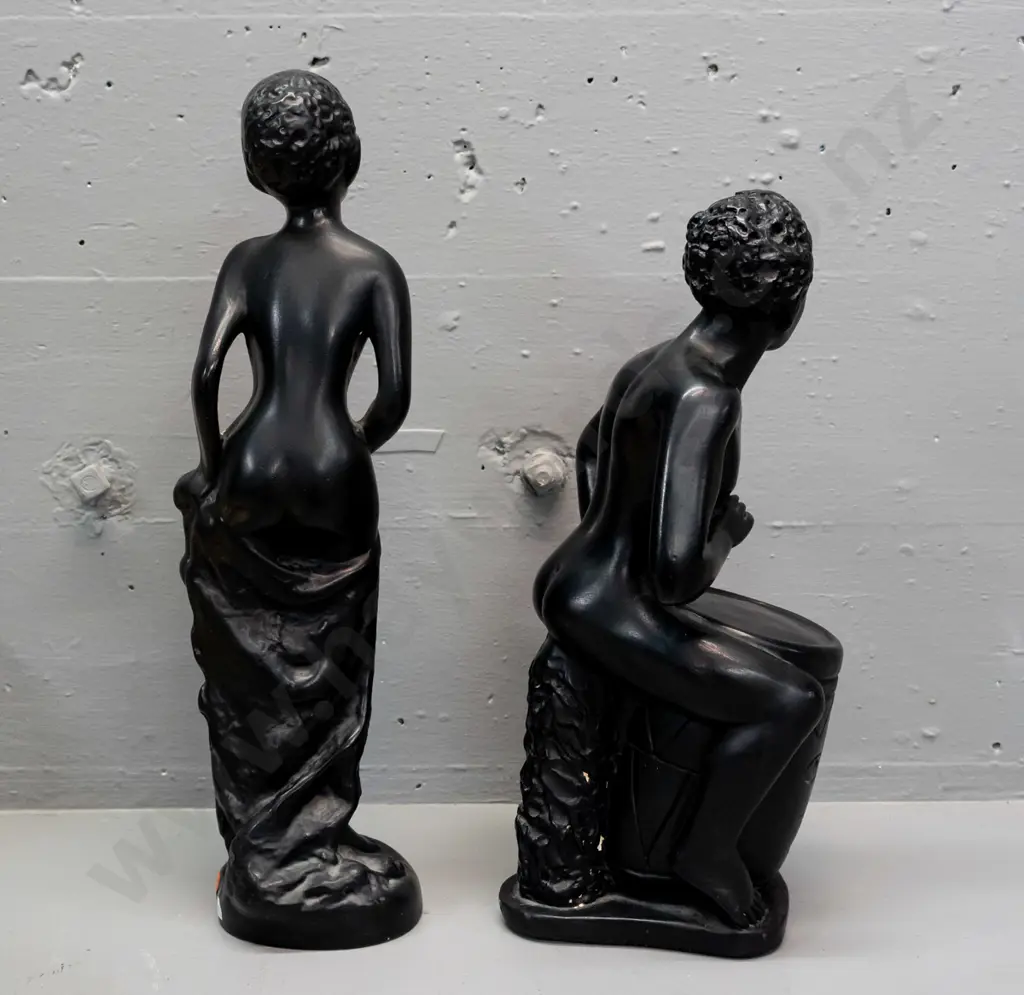 2 retro black painted plaster figures - bather H-400 and drummer - both w/ small chips and flecks to finish Image 1++