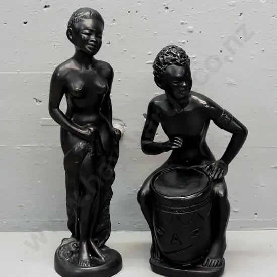 2 retro black painted plaster figures - bather H-400 and drummer - both w/ small chips and flecks to finish