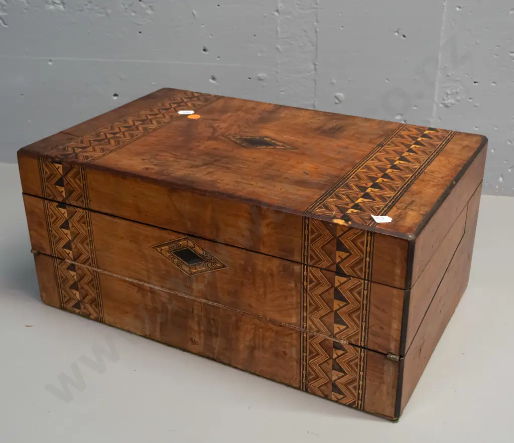 Victorian walnut writing box with leather inset writing slope, lift out segmented tray, 2 inner drawers, inlay Image 1++