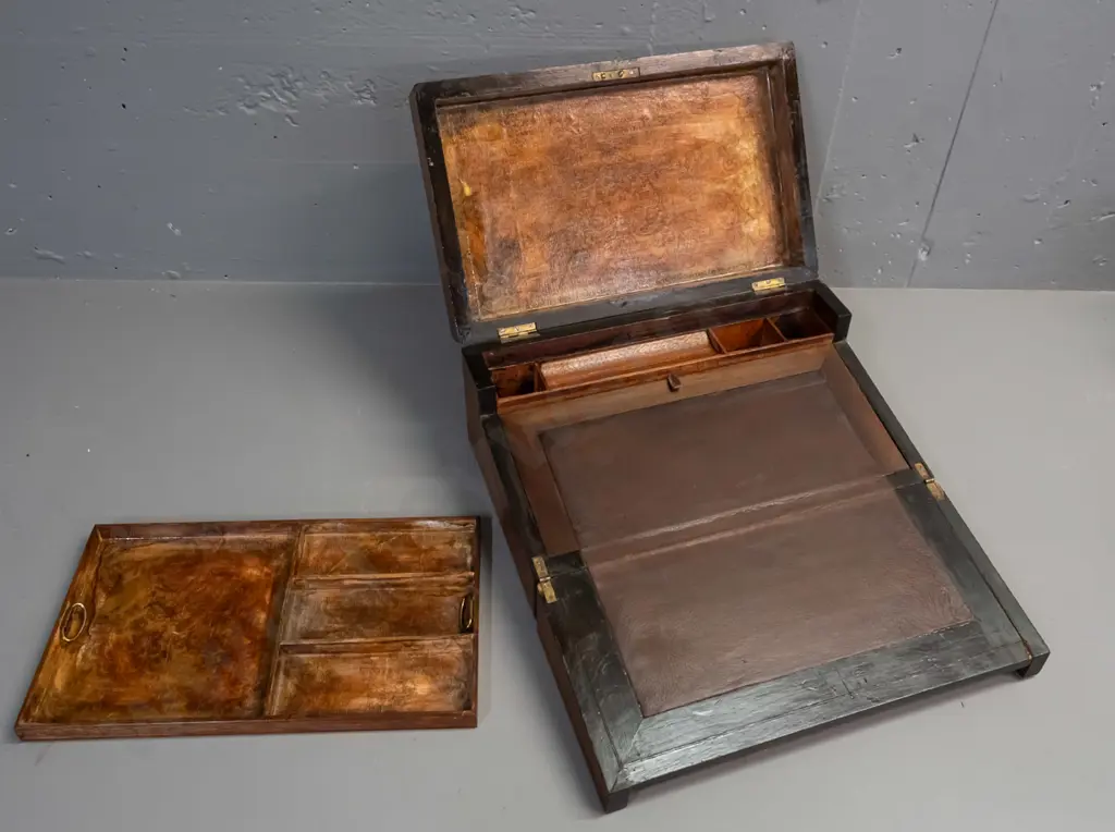 Victorian walnut writing box with leather inset writing slope, lift out segmented tray, 2 inner drawers, inlay Image 1++