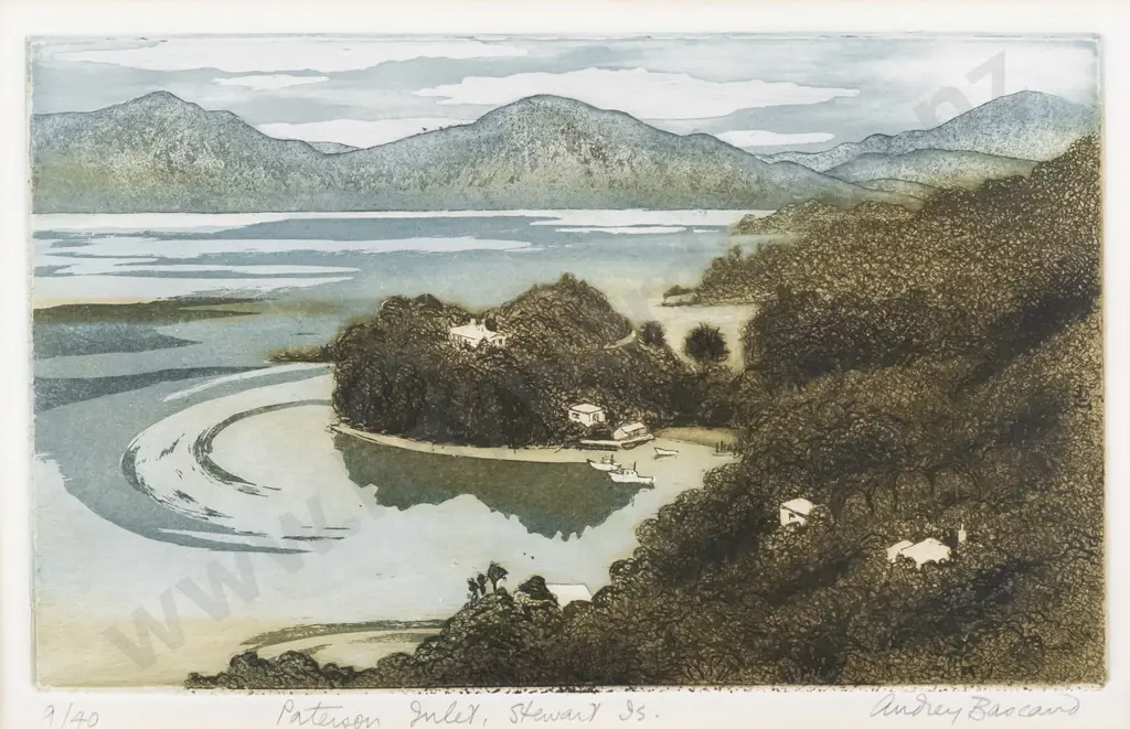 Audrey Bascand - framed ltd edition print 9/40 "Patterson Inlet Stewart Island" H160 W270 Image 1++