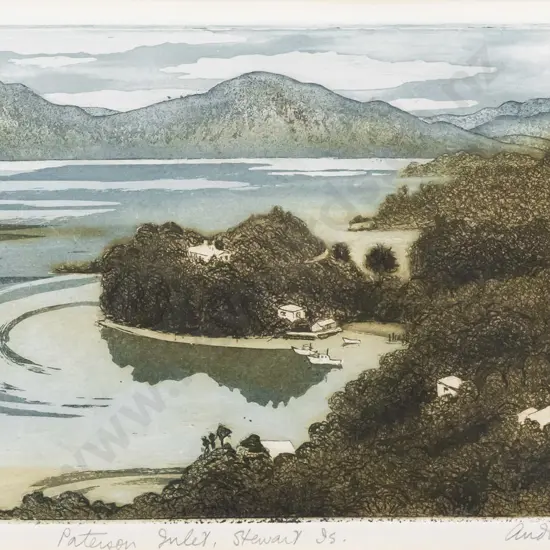 Audrey Bascand - framed ltd edition print 9/40 "Patterson Inlet Stewart Island" H160 W270