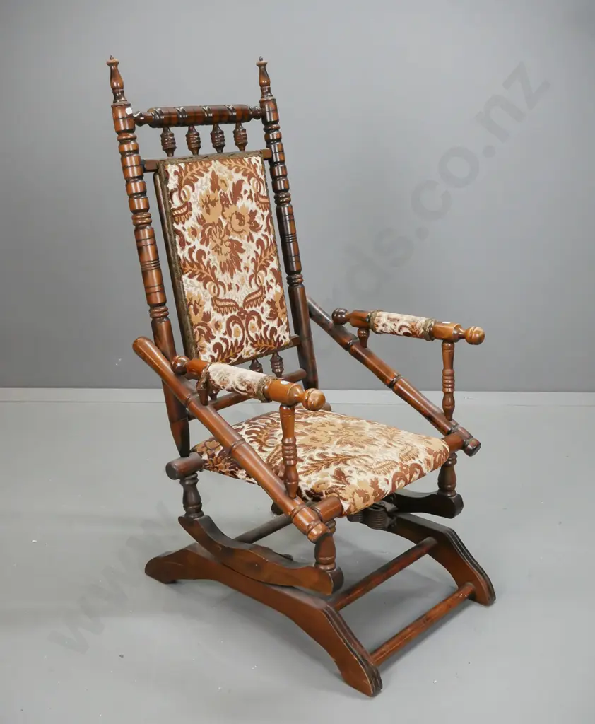 vintage beech Dexter sprung rocker with brown and gold upholstery, arms and seat worn and frayed, some wear to polish on Image 1++