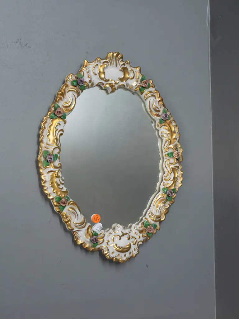 oval mirror in china floral frame marked Dresden Germany - fretting to some petals H-340 W-270 Image 1++