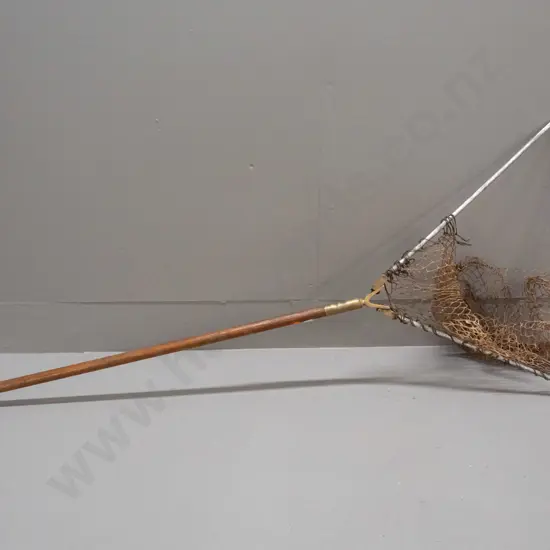 vintage folding fishing landing net with brass fittings, timber handle, damage to netting L-1240 open, W-500, L-820 when