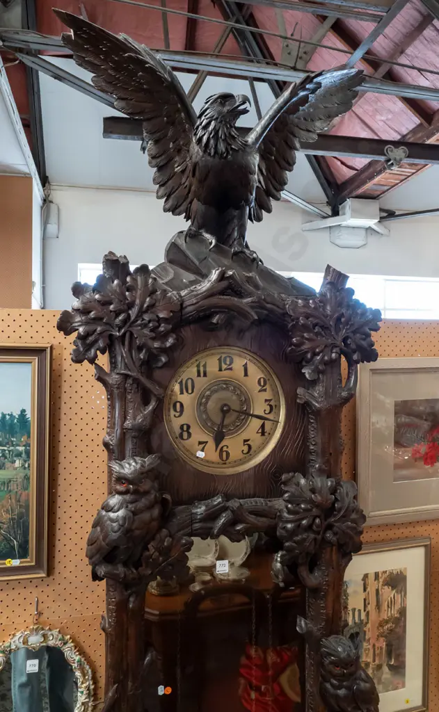 large heavily carved walnut & oak Black Forest long case clock w/ tree branch & leaf motifs, owls and eagle with glass Image 1++