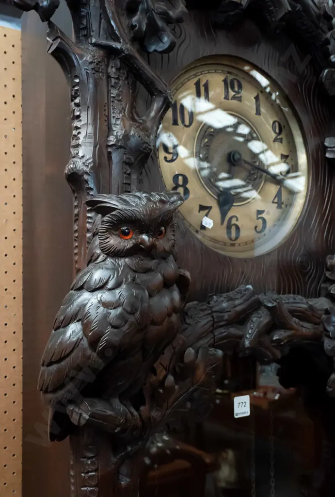 large heavily carved walnut & oak Black Forest long case clock w/ tree branch & leaf motifs, owls and eagle with glass Image 1++