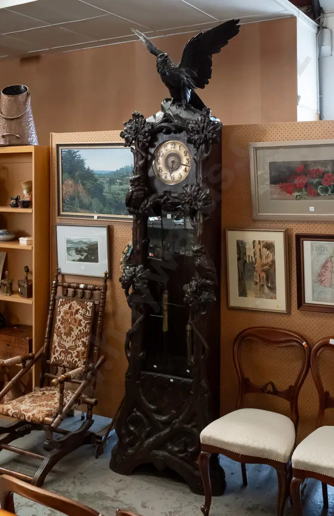 large heavily carved walnut & oak Black Forest long case clock w/ tree branch & leaf motifs, owls and eagle with glass Image 1++