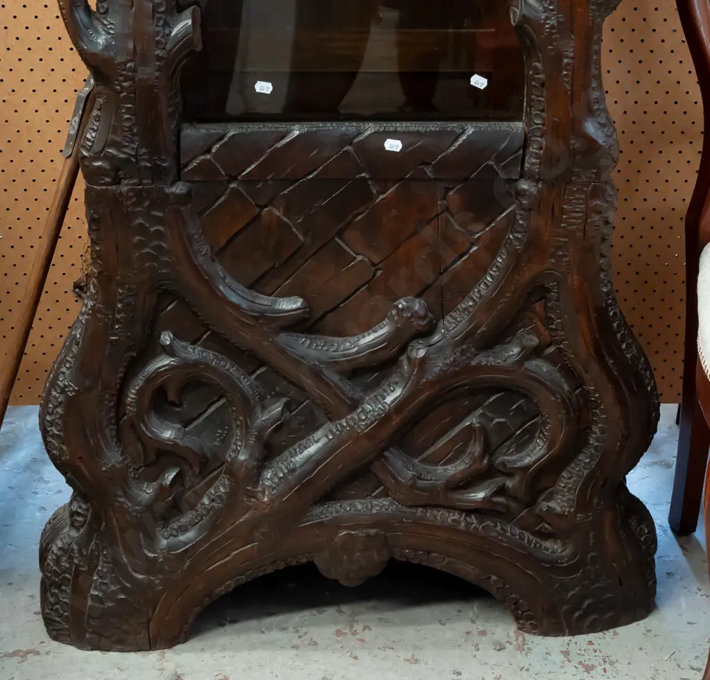 large heavily carved walnut & oak Black Forest long case clock w/ tree branch & leaf motifs, owls and eagle with glass Image 1++