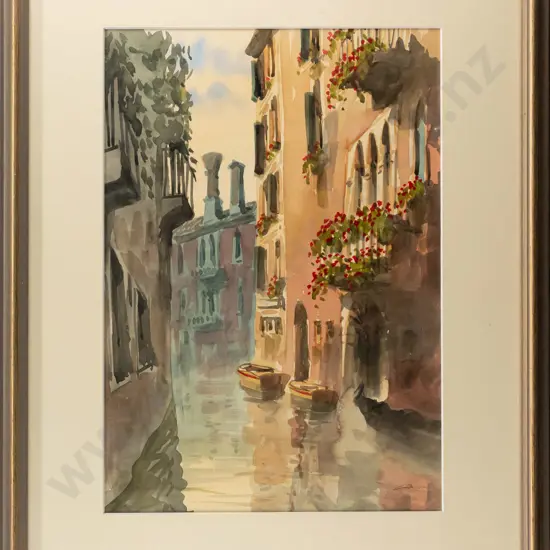 illegible signature - framed watercolour - Venice canal scene H330 W230
