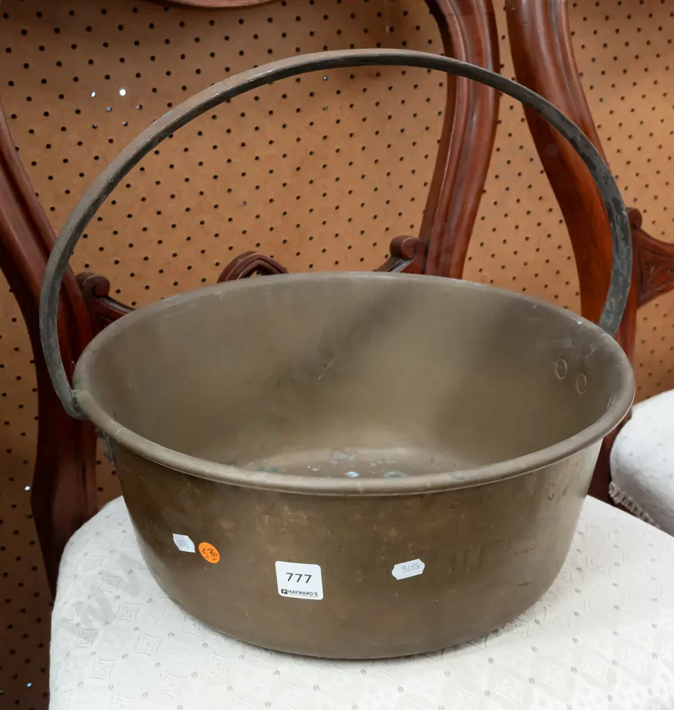 brass jam pan with cast metal handle, some dents and corrosion to bottom, corrosion to handle Image 1++