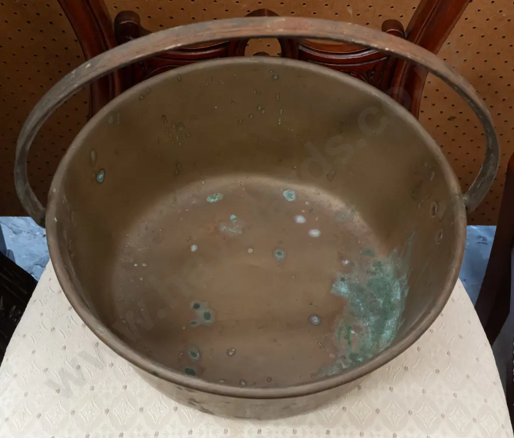 brass jam pan with cast metal handle, some dents and corrosion to bottom, corrosion to handle Image 1++