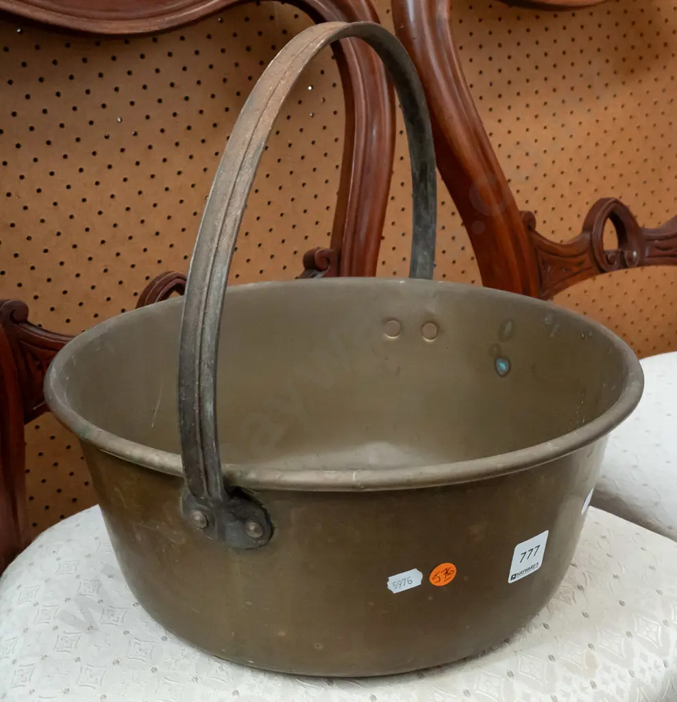 brass jam pan with cast metal handle, some dents and corrosion to bottom, corrosion to handle Image 1++