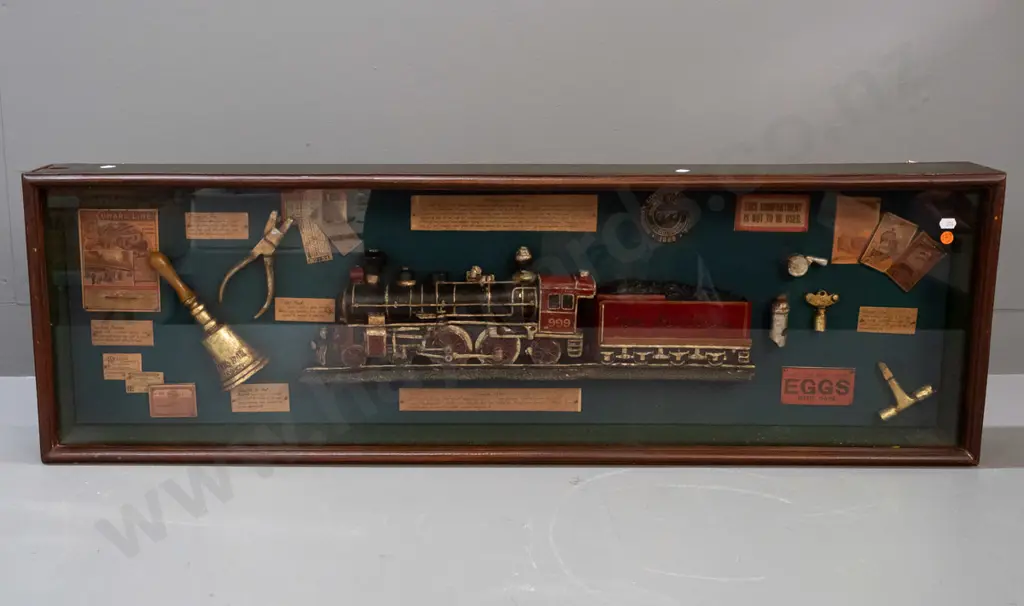 composite locomotive model & reproduction ephemera in glazed wooden display case - some flaking of gold decoration Image 1++