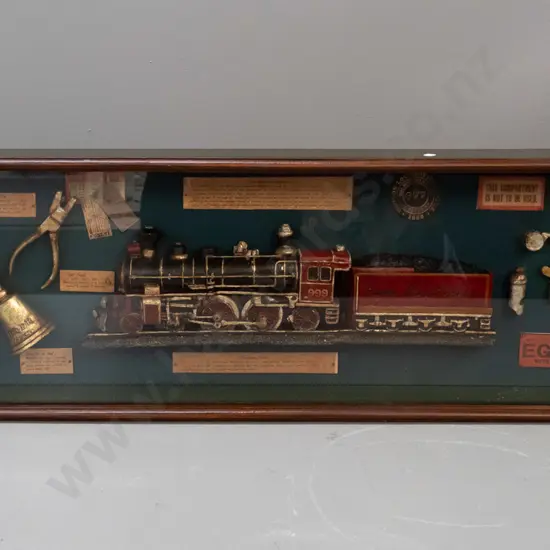 composite locomotive model & reproduction ephemera in glazed wooden display case - some flaking of gold decoration