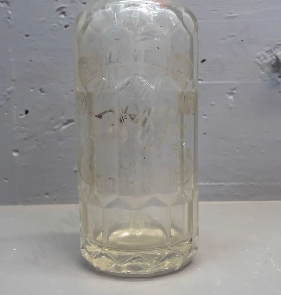 clear faceted glass soda syphon marked Grey & Menzies Thames Auckland Waikato, cap marked Grey & Menzies - some staining Image 1++