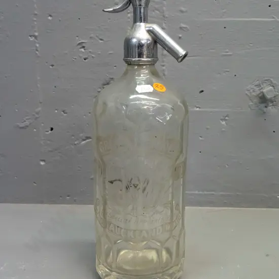 clear faceted glass soda syphon marked Grey & Menzies Thames Auckland Waikato, cap marked Grey & Menzies - some staining