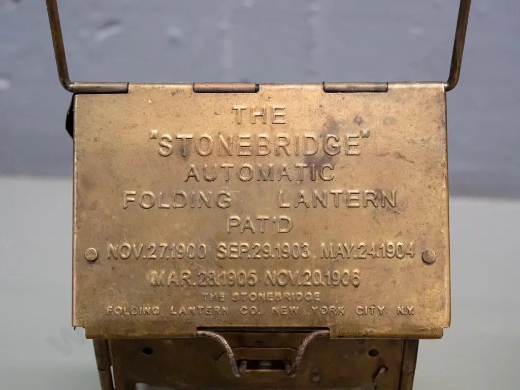 2 vintage brass folding candle lanterns marked Stonebridge Automatic Folding Lantern NYC, one with loose mica panel. Image 1++