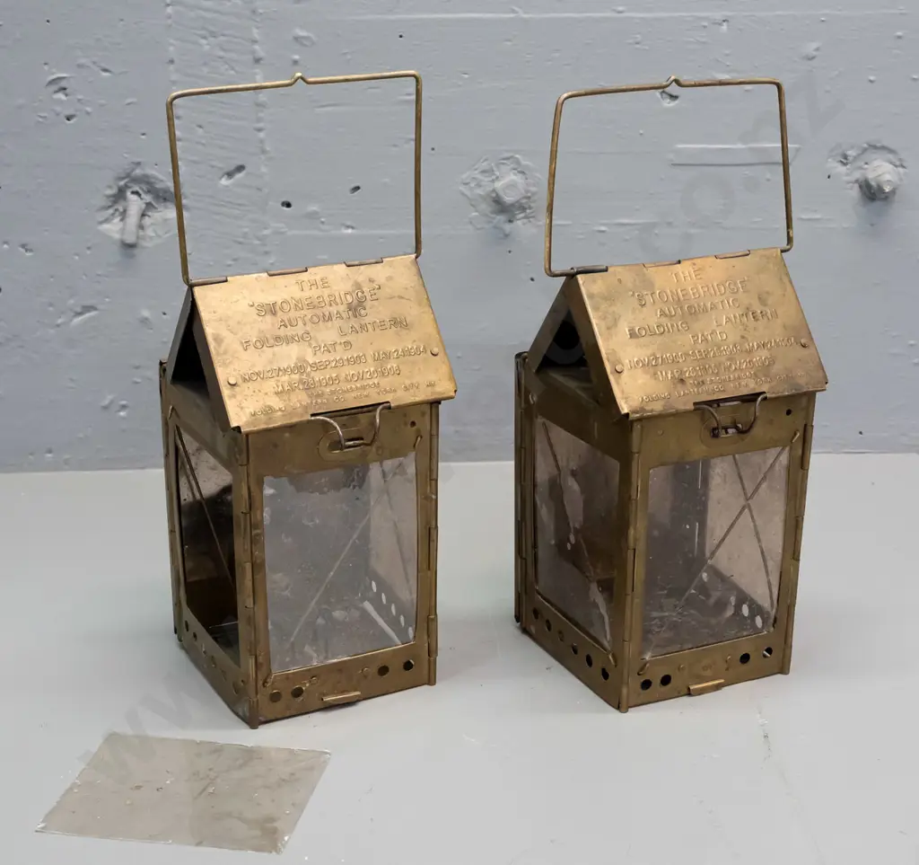 2 vintage brass folding candle lanterns marked Stonebridge Automatic Folding Lantern NYC, one with loose mica panel. Image 1++