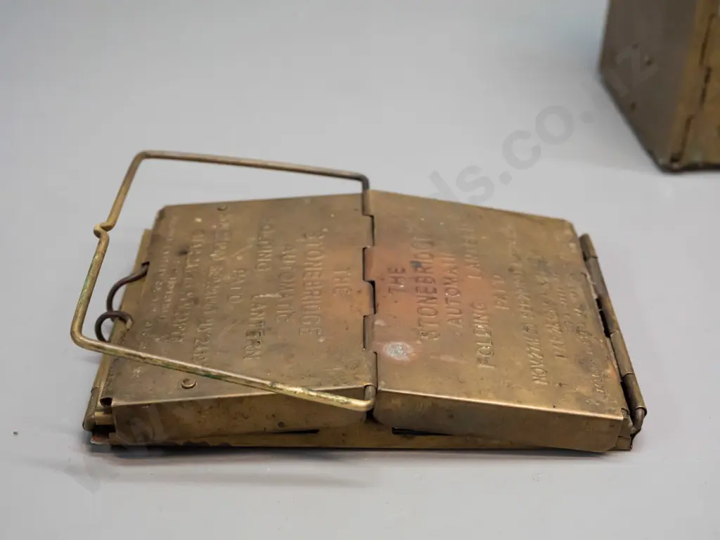 2 vintage brass folding candle lanterns marked Stonebridge Automatic Folding Lantern NYC, one with loose mica panel. Image 1++