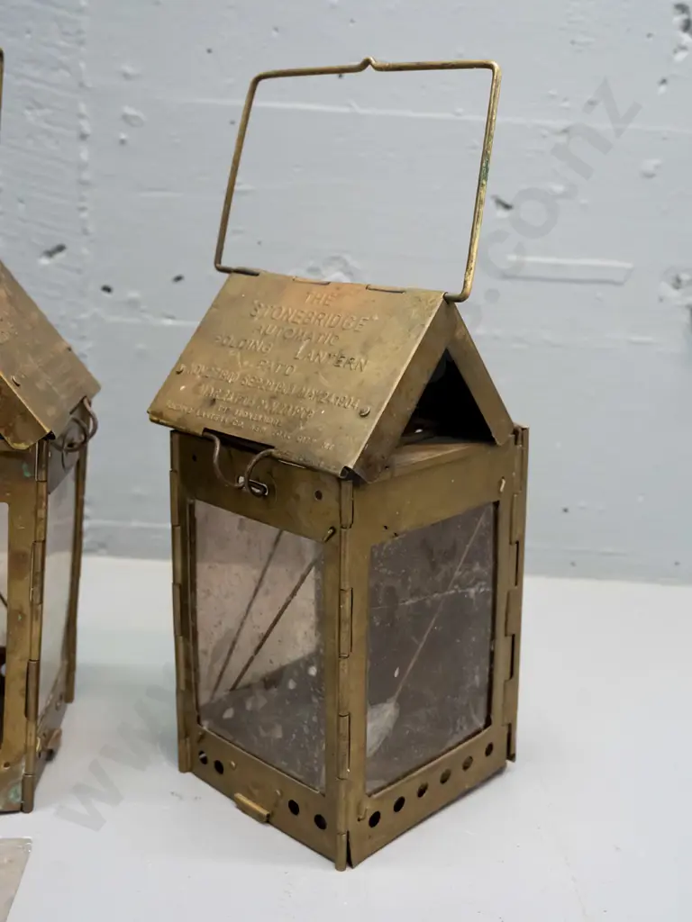 2 vintage brass folding candle lanterns marked Stonebridge Automatic Folding Lantern NYC, one with loose mica panel. Image 1++