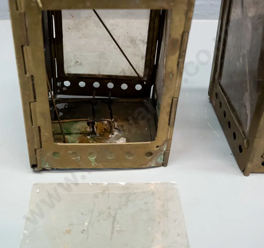2 vintage brass folding candle lanterns marked Stonebridge Automatic Folding Lantern NYC, one with loose mica panel. Image 1++