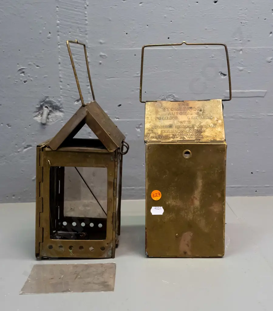 2 vintage brass folding candle lanterns marked Stonebridge Automatic Folding Lantern NYC, one with loose mica panel. Image 1++