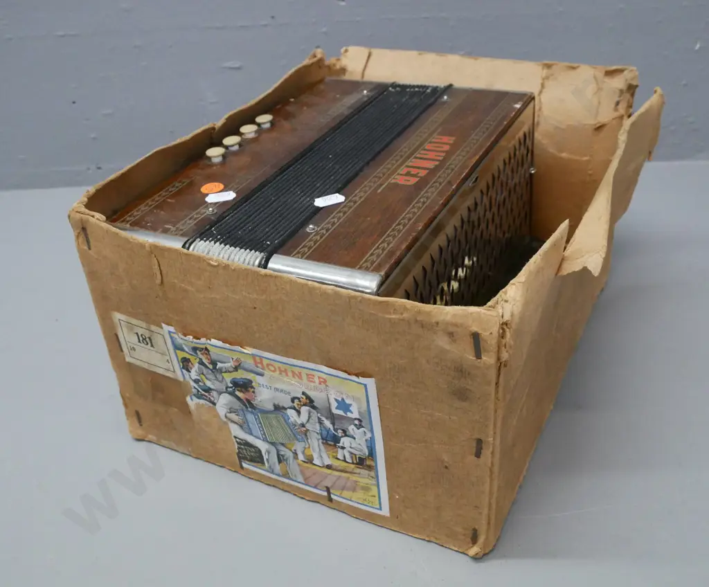 vintage Hohner Button Accordion, some evidence of borer, corrosion to corner caps & grille, wear to corners of bellows. Image 1++