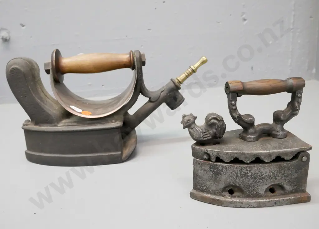 2x vintage cast metal irons. 1. Fletcher Russell & Co, Warrington. 2. With rooster latch Image 1++
