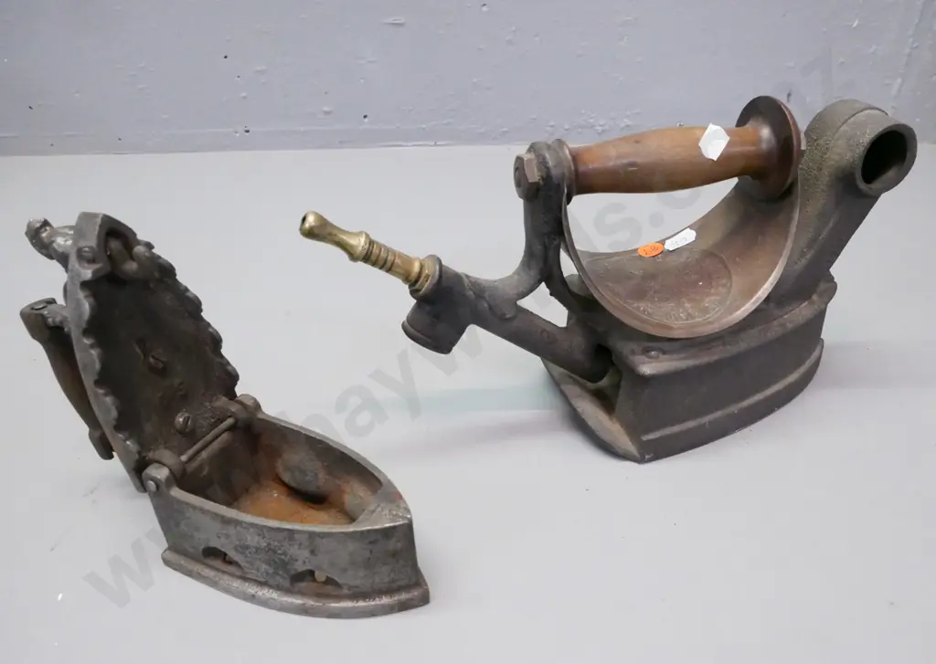 2x vintage cast metal irons. 1. Fletcher Russell & Co, Warrington. 2. With rooster latch Image 1++