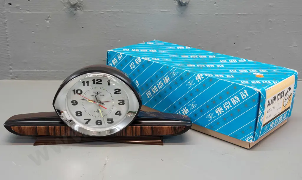 retro Japanese wind-up bedside alarm clock - marked Tokyo Tokei 2 Jewels - with original box H-135 L-310 Image 1++