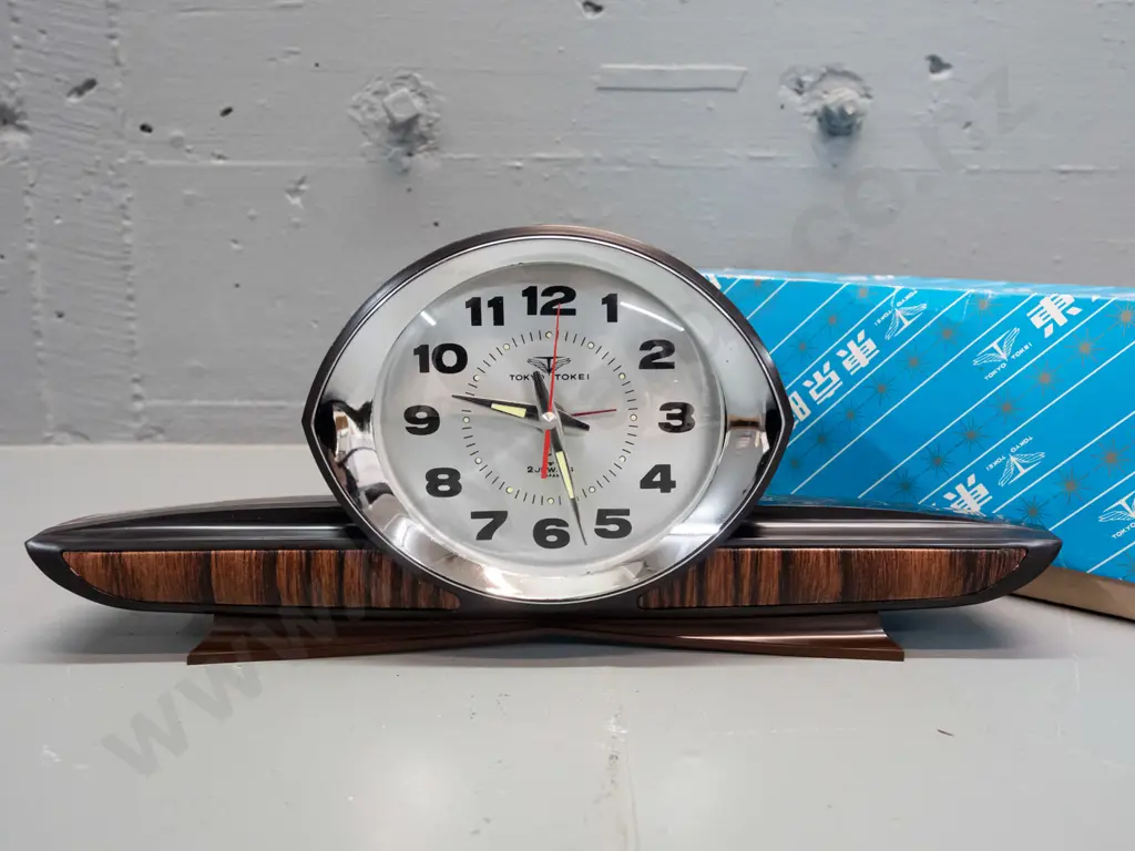 retro Japanese wind-up bedside alarm clock - marked Tokyo Tokei 2 Jewels - with original box H-135 L-310 Image 1++