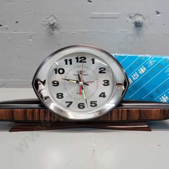 retro Japanese wind-up bedside alarm clock - marked Tokyo Tokei 2 Jewels - with original box H-135 L-310