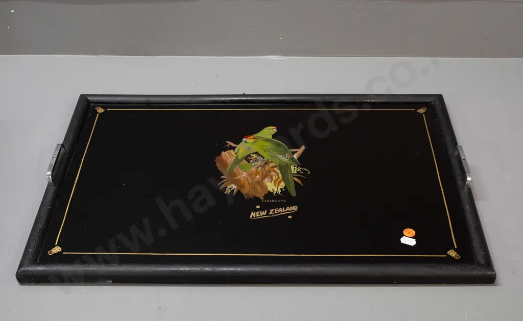 vintage glass and timber serving tray with hand painted kakariki & small tiki motifs, chrome handles - handles have Image 1++