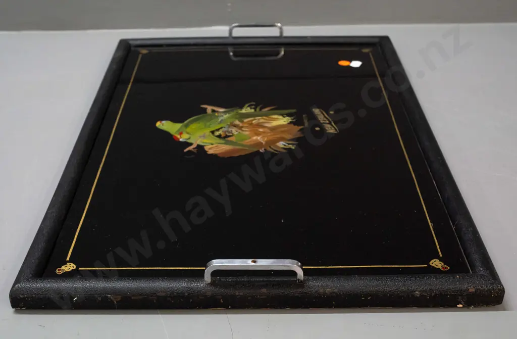 vintage glass and timber serving tray with hand painted kakariki & small tiki motifs, chrome handles - handles have Image 1++