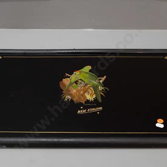 vintage glass and timber serving tray with hand painted kakariki & small tiki motifs, chrome handles - handles have