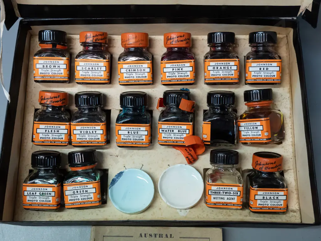 vintage boxed English Johnson Major Photo Colouring Outfit including glass jars of transparent colours, with a Kodak Image 1++