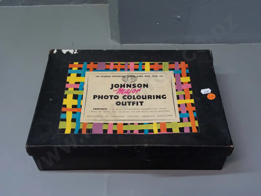 vintage boxed English Johnson Major Photo Colouring Outfit including glass jars of transparent colours, with a Kodak Image 1++