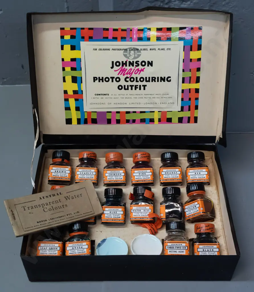 vintage boxed English Johnson Major Photo Colouring Outfit including glass jars of transparent colours, with a Kodak Image 1++