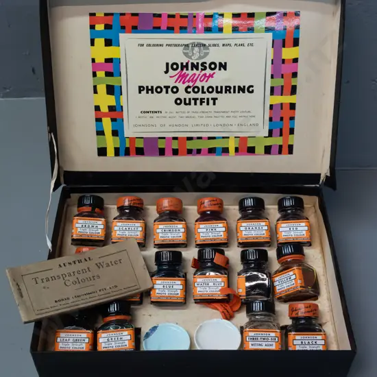 vintage boxed English Johnson Major Photo Colouring Outfit including glass jars of transparent colours, with a Kodak