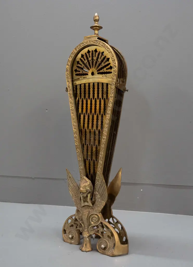 brass folding fan fire screen with mythical winged animal at base - split to one fan section, some overall pitting H-630 Image 1++