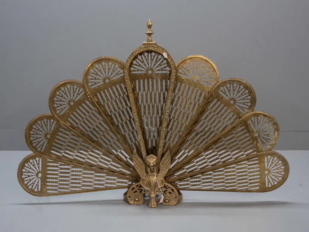 brass folding fan fire screen with mythical winged animal at base - split to one fan section, some overall pitting H-630 Image 1++