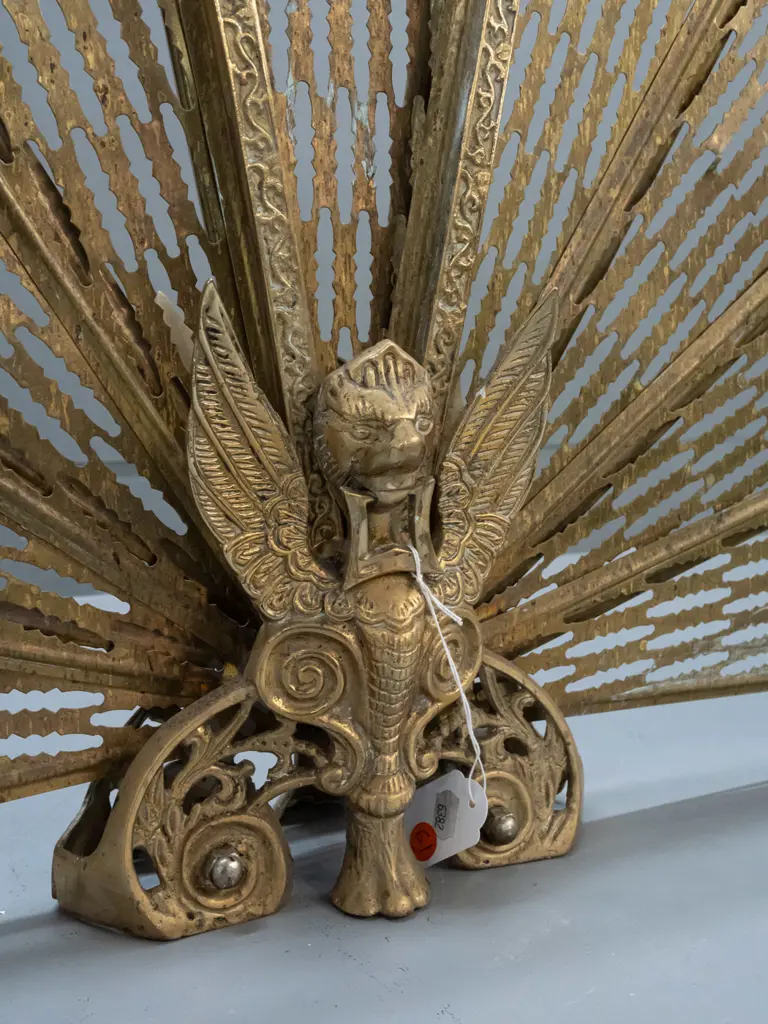 brass folding fan fire screen with mythical winged animal at base - split to one fan section, some overall pitting H-630 Image 1++