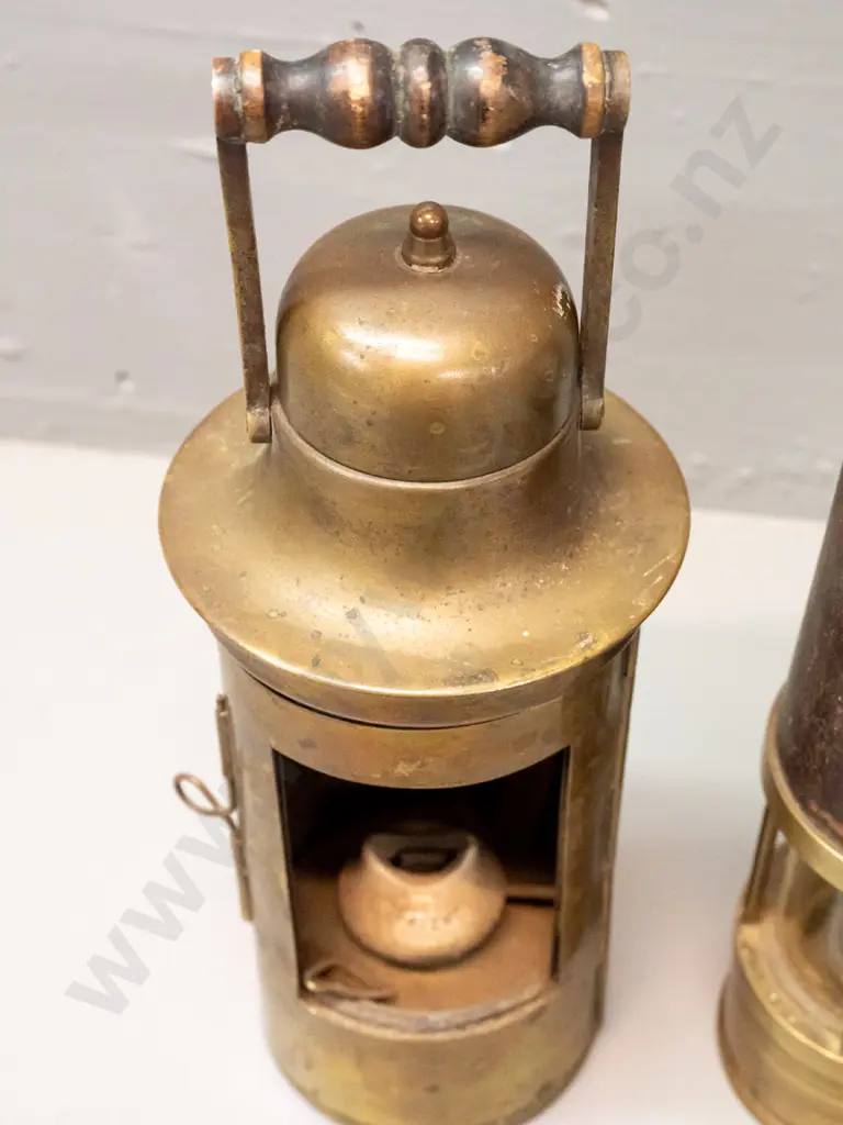 2 vintage brass miner's lanterns, one marked Richard Johnson Clapham Morris Ltd Manchester & Liverpool H-255, other Image 1++