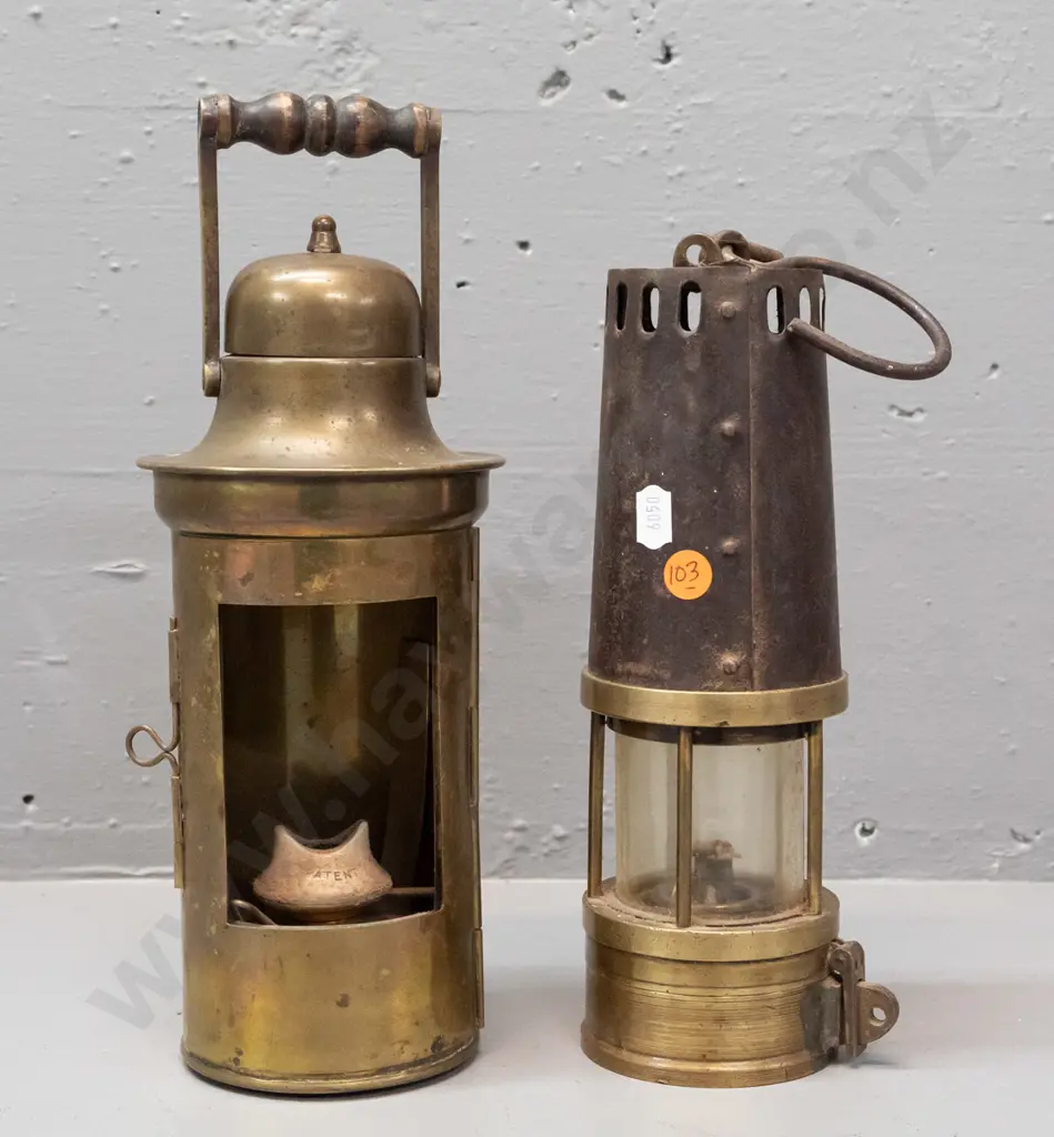 2 vintage brass miner's lanterns, one marked Richard Johnson Clapham Morris Ltd Manchester & Liverpool H-255, other Image 1++