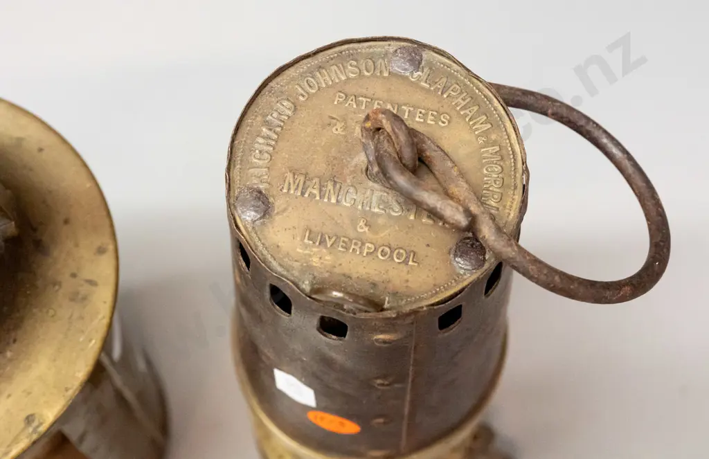 2 vintage brass miner's lanterns, one marked Richard Johnson Clapham Morris Ltd Manchester & Liverpool H-255, other Image 1++