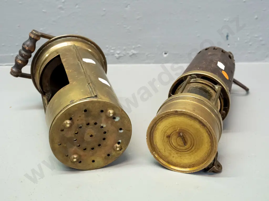 2 vintage brass miner's lanterns, one marked Richard Johnson Clapham Morris Ltd Manchester & Liverpool H-255, other Image 1++